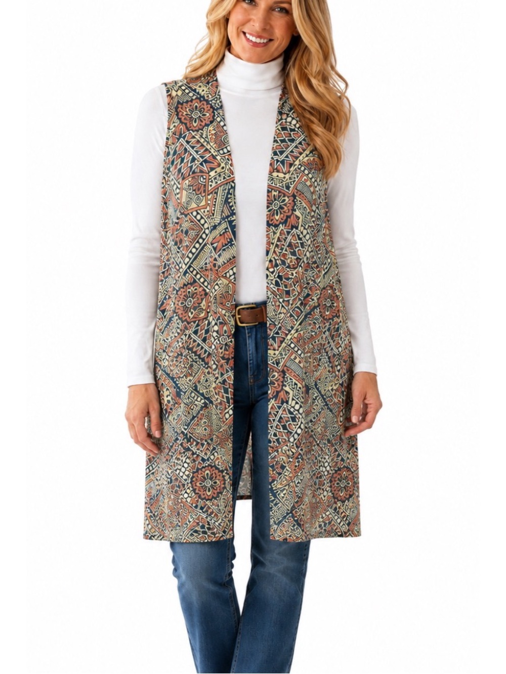 LuLaRoe Joy duster vest in a colorful geometric print